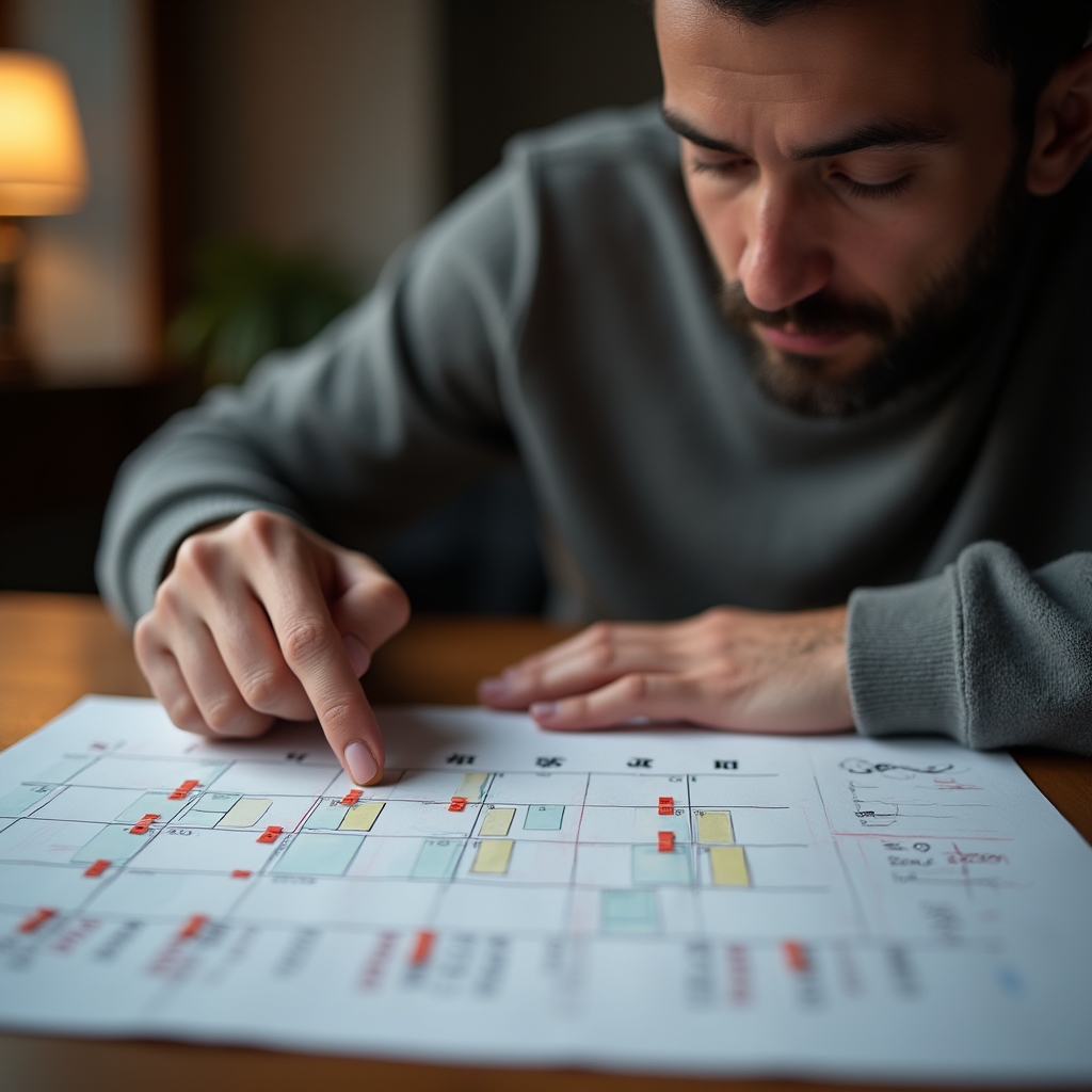 Persona revisando un calendario con bloques de tiempo marcados en tonos cálidos