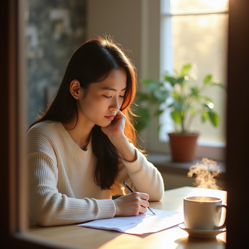Persona observando pensativa una lista de gastos junto a una taza de café en un espacio con luz cálida