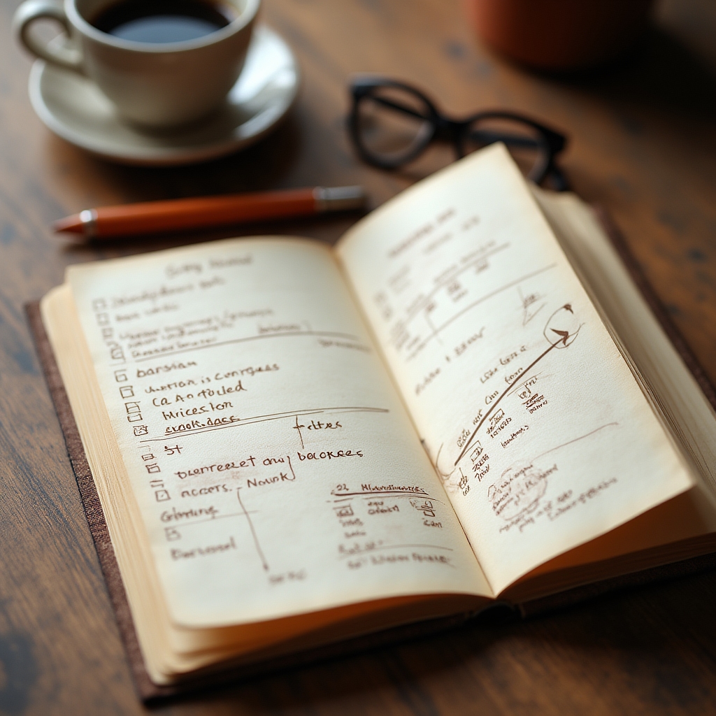 Cuaderno de planificación con esquemas de objetivos y horizontes temporales sobre un escritorio de madera